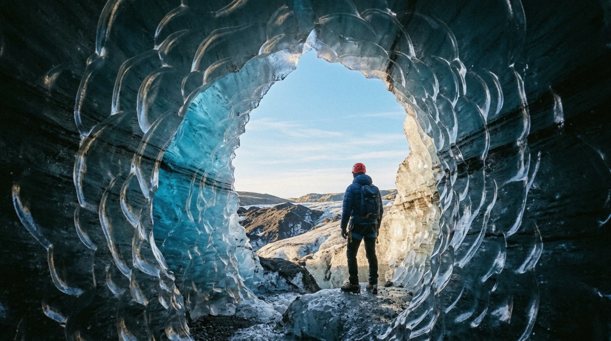 A guide leading hikers toward the mouth of a natural solheimajokull ice cave in winter, South Iceland