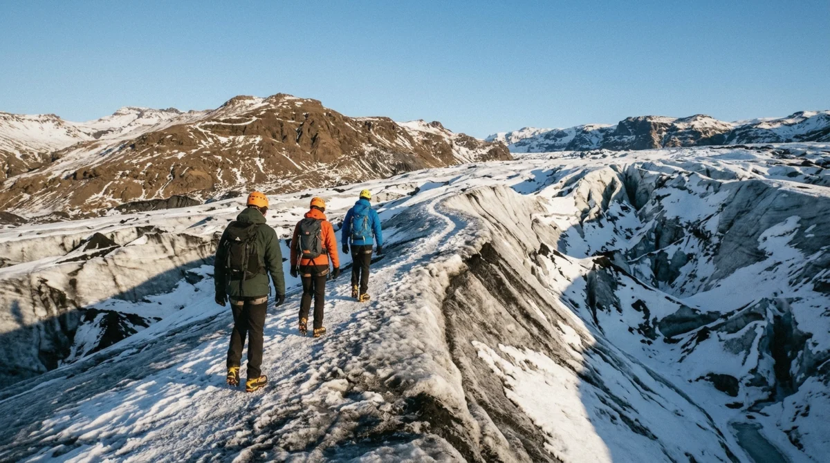 Hikers on a Sólheimajökull glacier hike in winter under low winter light, South Iceland