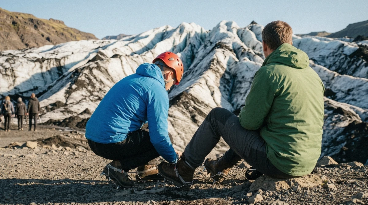 A first-time hiker roped up in crampons crossing blue ice on a solheimajokull glacier hike what to expect trip, South Iceland