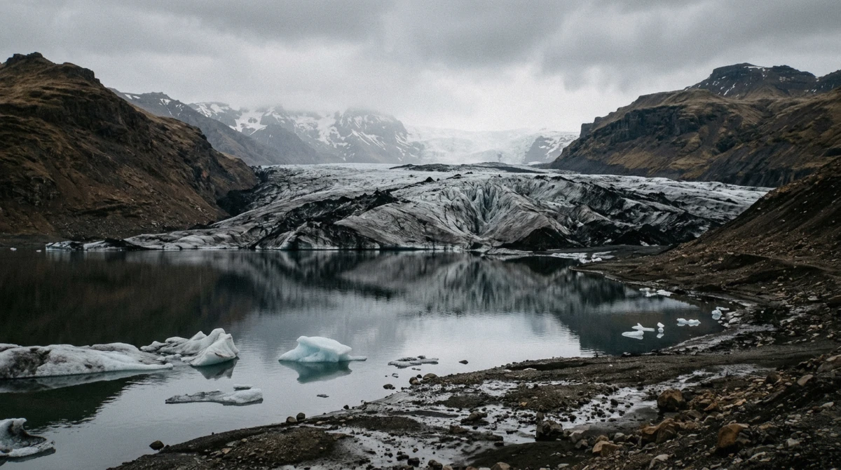 The ash-banded tongue of Sólheimajökull above its meltwater lagoon, the view at the end of the free walk on a Sólheimajökull glacier hike without guide, Iceland