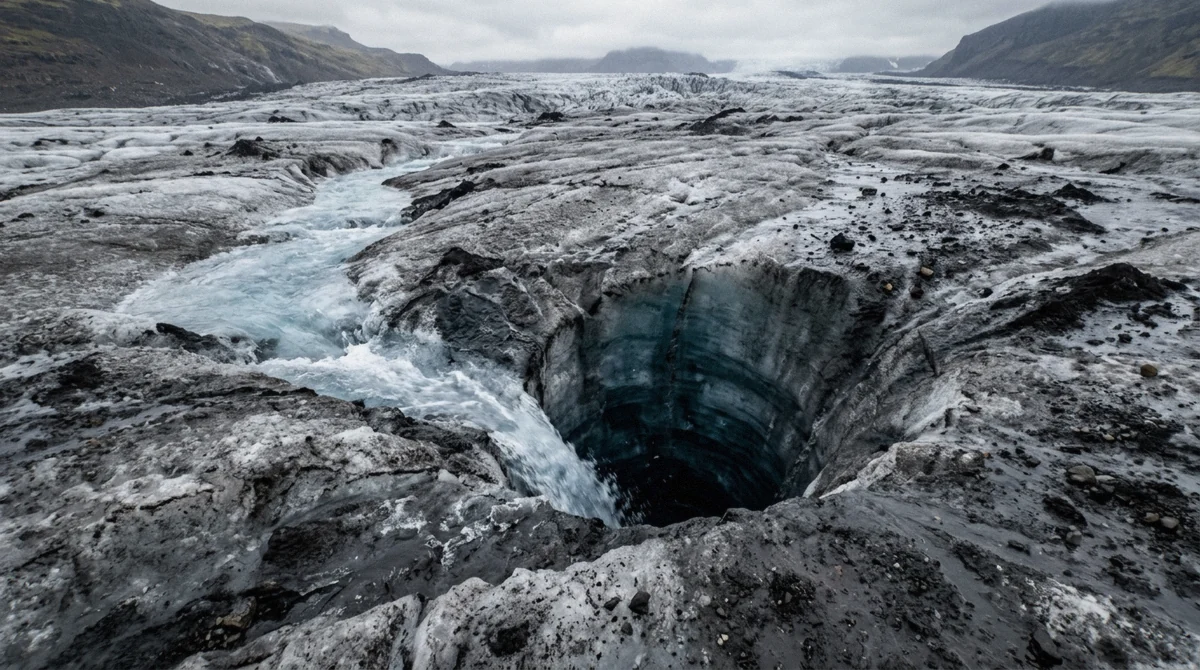 A deep blue moulin meltwater shaft cutting through Sólheimajökull glacier ice, passed on a Sólheimajökull ice climbing tour, South Iceland